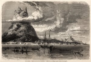 Rade and peak of the island of Borabora (drawing by Evremond Auguste de Berard, to illustrate the journey of a naturalist in the Galapagos archipelago and the coral islands, in 1858 by Charles Darwin)
