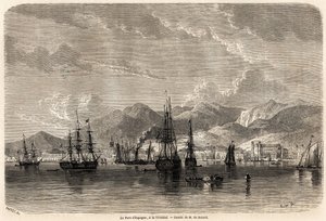 The port of Spain, in Trinidad (Trinidad and Tobago), drawing by Evremond Auguste de Berard, to illustrate the voyages to the West Indies, in 1858-1859, by Anthony Trollope. Engraving in "Le tour du monde, nouveau journal des voyages" by Evremond de (after) Berard
