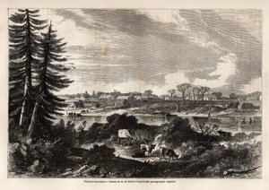 View of Victoria-Vancouver, capital of British Columbia, drawing by Auguste de Berard, to illustrate the exploration of the Rocky Mountains in 1857-59 by Captain John Palliser. Engraving in "Le tour du monde, nouveau journal des voyages" Paris by Evremond de (after) Berard