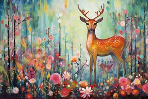 A Deer in Nature and Flowers
