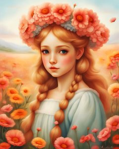 Girl Decorated with Flowers in a Beautiful Landscape