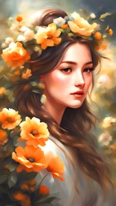 Woman Decorated with Flowers in a Beautiful Landscape