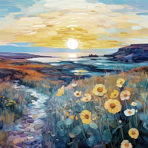 Abstract Purple Flowers in Sunrise Landscape by F. Abderrahim
