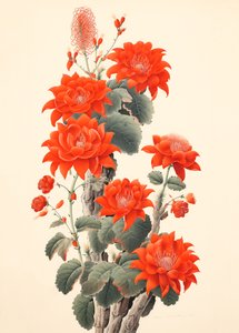 Abstract Cactus with Flowers, Japanese Woodblock by F. Abderrahim