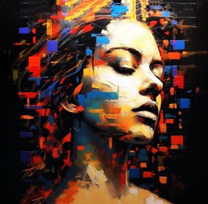 Abstract painting female portrait profile black background