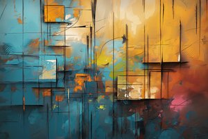 Acrylic Painting in Blue, Orange & Yellow by F. Abderrahim