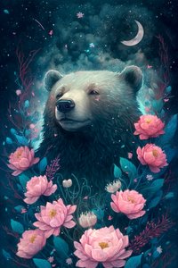 Bear in a Fantasy Dream Scene Surrounded by Flowers by F. Abderrahim