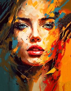 Beautiful girl face portrait drawing, blue eyes, impressionist style