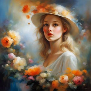 Beautiful Woman in Landscape and Flowers