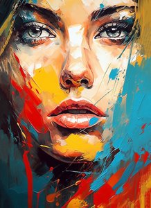 Beautiful woman face portrait drawing, blue eyes, expressionism style
