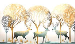 Deer Animal & Gold Tree, Abstract Pastel Colors
