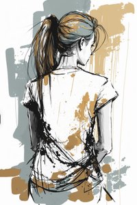 Girls Drawn from Behind, Minimalist Chaotic Lines Sketch
