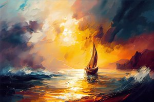 Sailboat at Sea, Seascape Sunrise by F. Abderrahim