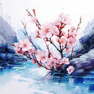 Surreal Watercolor Painting Japanese Cherry Blossoms Flowers