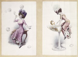 Postcards Depicting a Woman Blowing Bubbles & Fishing in a Champagne Glass, c.1900
