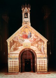 Exterior of the Porziuncola Chapel with a fresco showing St Francis receiving the Pardon of Assisi; Interior of Santa Maria degli Angeli