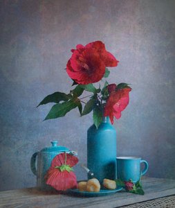 Red Flowers Turquoise Still Life by Fangping Zhou