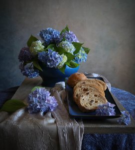 Still Life Hydrangeas Bread