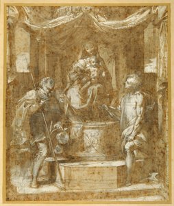 The Virgin and Child enthroned under a canopy, with Sts Roch and Sebastian
