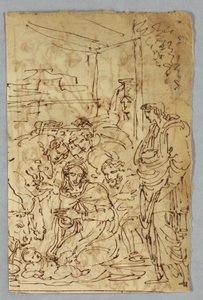 Adoration of the Shepherds; Archangel St. Michael after Raphael; St. Margarite after Raphael; Aloof de Wignancourt by Caravaggio; Putti; Study of the Flood; Verso: Disposition after Volterra; St. Cecilia after Raphael; Portion of Marriage of Henry IV to... by Felice Giani