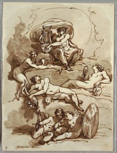 Apollo with Lyre, Fame, Abundance, Beauty and Two Putti on Clouds, Study after Marcantonio Franceschini