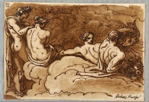 Four Figures with a Goat, on Clouds, Study after Rubens