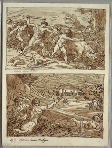 Remus Drives Away and Kills the Robbers of the Herds; Sanctuary for the Fugitives on the Campidoglio, Two Studies after Carracci