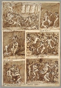 Sketchbook Page: Six Scenes; Verso: Five Studies of Horse Heads; Head of Lion