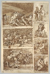 Sketchbook Page: Studies after Paintings in Ferrara, Rome, Bologna, Mantua after Artists Tibaldi, Raphael, Andrea del Sarto and Polidoro; Verso: Bird Skeleton and Horse