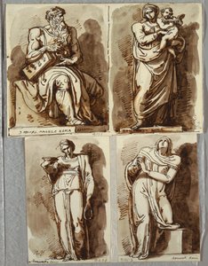 Studies after Four Statues on the Tomb of Julius II, after Michelangelo: Moses; Madonna and Child; Leah, Virtue; Rachel, Religion