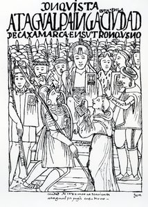 Diego de Almagro, Francisco Pizarro and Friar Vicente de Valverde kneeling before Atahualpa Inca at Cajamarca