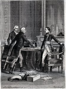 First deliberation of the three consuls in Peer-Luxembourg - Napoleon Bonaparte, Emmanuel Joseph Sieyes and Pierre Roger-Ducos 1799 - Engraving by Barbant, after Philippoteaux - First Consulate, 24 Frimaire VIII (15th December 1799), first meeting of First by Felix (after) Philippoteaux