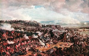 The Battle of Waterloo. Cuirassiers Charging Highlanders in Square