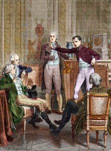 The First Consul Bonaparte talking to the mathematician Gaspard Monge - Engraving by Felix Philippoteaux (1815-1884)