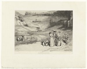 Young Women Giving Money to Shepherdess in Hilly Landscape