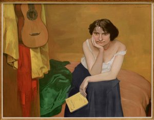 Brunette Woman Sitting Facing Forward with Guitar