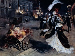 Belle Epoque: Woman in Egrets in a Parisian Street at Night