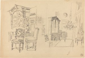 Two Studies of an Interior with Furniture by Felix Hilaire Buhot