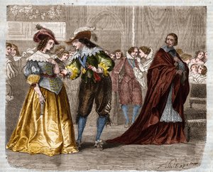 Roman serial: The Three Musketeers by Alexandre Dumas (1802-1870). King Louis XIII (1601-1643) handing over the two diamond ferrets to his wife, Queen Anne of Austria (1601-1666), under the gaze of Cardinal Richelieu (1585-1642). Illustration of Chapter X