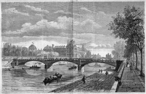 Architecture: view of the bridge of Solferino in Paris. Built by engineer Paul Martin Gallocher de Lagalisserie and inaugurated in 1861, it was demolished in 1960 and replaced by the Senghor Bridge (Solferino Bridge). Engraving by Felix Thorigny.