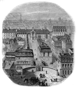View of the Gobelins tapestry factory in Paris, with the Capuchins convent, the Observatory and the castle of the Queen Blanche. Engraving by Thorigny by Felix Thorigny