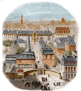 View of the Gobelins tapestry factory in Paris, with the Capuchins convent, the Observatory and the castle of the Queen Blanche. Engraving by Thorigny