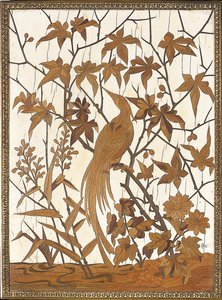 Inlaid Panel with an Exotic Bird Amidst Foliage in Marshland, Maison Grioux by Ferdinand Duvinage