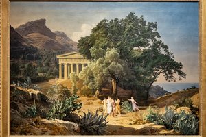 A Doric Temple with Castelmola and Taormina in the background by Ferdinand Georg Waldmuller