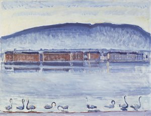 Lake Geneva with Mont Salève and Swans