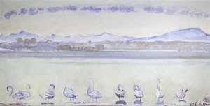 Nine Swans in Front of a Mountainous Landscape
