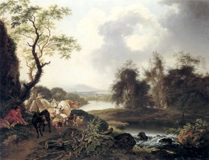 River Landscape with Waterfall, Resting Wanderer, Shepherds with Cows and Goat, and Three Travelers