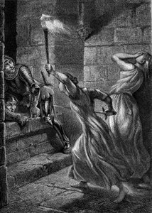 Heroism: Julienne Du Guesclin, the sister of Bertrand Duguesclin, grabbed a swine to repel English soldiers trying to invade Pontorson Castle. 14th century. Engraving from 1864 by Eugene Delacroix. by Ferdinand Victor Eugene (after) Delacroix