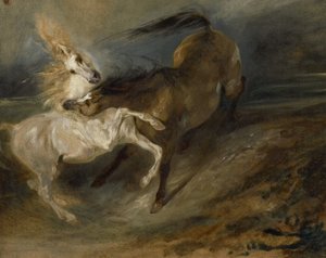Two Horses Fighting in a Stormy Landscape