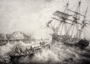 Rescue of crew of Breton fishing boat by Swedish ship Le Neptune, Lithograph by Ferdinand Perrot by Ferdinand Victor Perrot